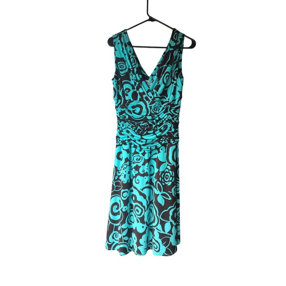 Suzi Chin for Maggy Boutique Dresses & Skirts - Maggy Boutique Turquoise Brown Floral Ruched V-Neck Dress Womens 14P Petite